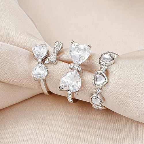 Bow Ring Set for Women Silver Stacking Adjustable Pink Heart Bow Rings Stacking Boho Statement Wedding Engagement Ring Anniversary Birthday Gifts - color: B