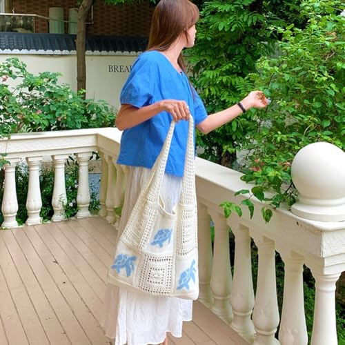 White Crochet Summer Tote Bag – Cute Small Mesh Knitted Beach Handbag, Boho Crochet Travel Shoulder Purse with Turtle, Woven Crossbody Knitting Bag for Women, Beach Essentials