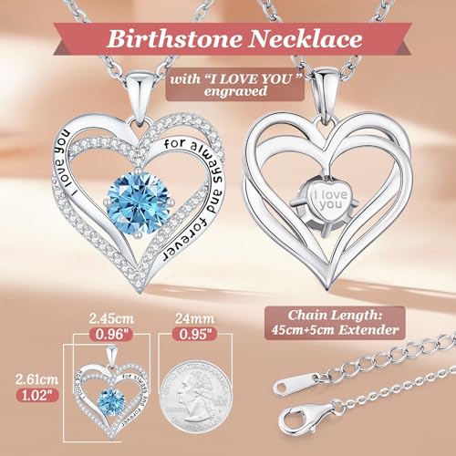 CDE Engraved Forever Love Heart Birthstone Necklace Jewelry Gifts for Women | Hypoallergenic,Nickel-Free & Lead-Free,3 x 3 mm 5A CZ Heart Pendant,Anniversary Christmas Birthday Gift for Girlfriend Wife - color: Birthstone-03-Mar, style: Rhodium Plated-Bra