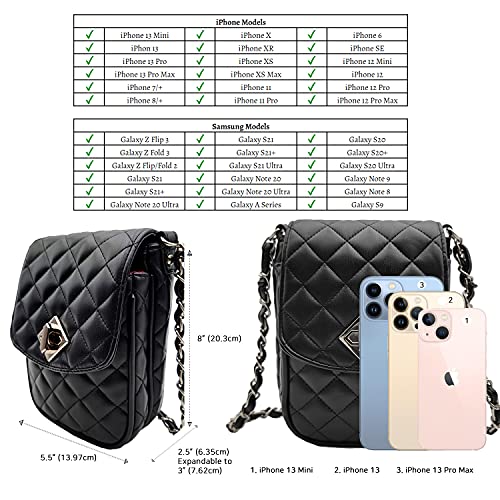 Phone Crossbody Bags for Women Small Vegan Leather Mini Shoulder Wallet Card Quilted Purse - color: B - Black & Silver