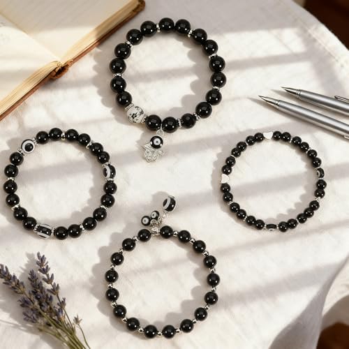 Bohemian Bracelet Sets for Women - 4-Pack Stackable Stretch Bead Bracelets with Black＆White Crystal & Gold Accessories, Multi-Layer Boho Jewelry - color: Color AA-2