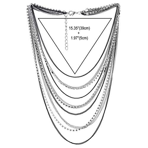 Waterfall Multi-Strand Chains Statement Collar Necklace with Rhinestones Chains, Dress - color: A-Metal Color: Silver & Black