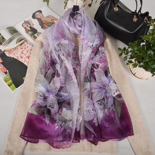 100% Mulberry Silk Women's Neck Silk Scarf-Lightweight Shawl,FLoral Print Beach Silk Wrap-Scarves for Photography - color: Purple Lily