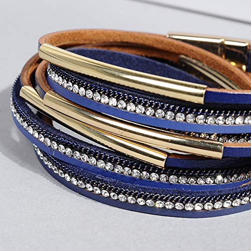 Artilady Leather Wrap Bracelets for Women - Pearl Bracelets Handmade Clasp Bangle Bracelet with Beads Jewelry Gift for Women and Mother - style: Blue with Gold bar