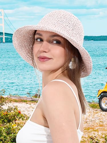 Womens Sun Hat Handmade Crochet Straw Bucket for Summer Foldable Travel Cap - color: Beige & Pink