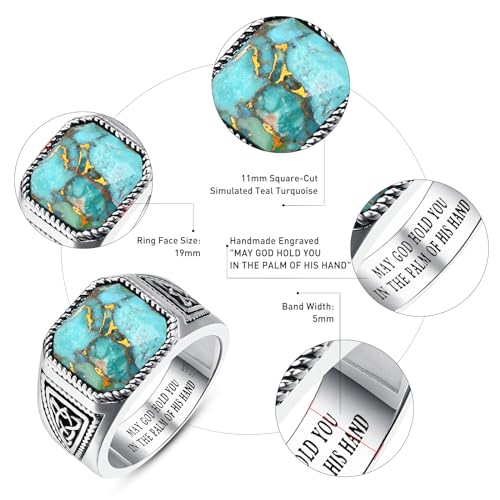 7ct Vintage Teal Turquoise|Emerald|Black Onyx Ring for Men 925 Sterling Silver Men Rings 11mm Square-Cut Mens Cocktail Rings Celtic Pattern Band for Dad Father Size 7-12 - color: Irish Celtic Knot-Genuine Teal Turquoise
