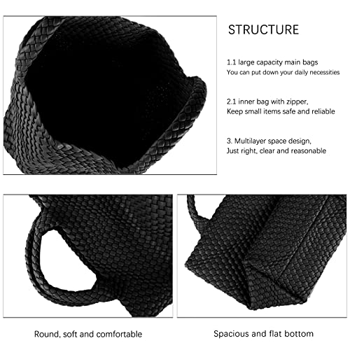 Hand Woven Bag Tote BagS For Women Top Handle Shoulder Vegan Leather Large Travel Beach Hobo Handbag - color: Black-a