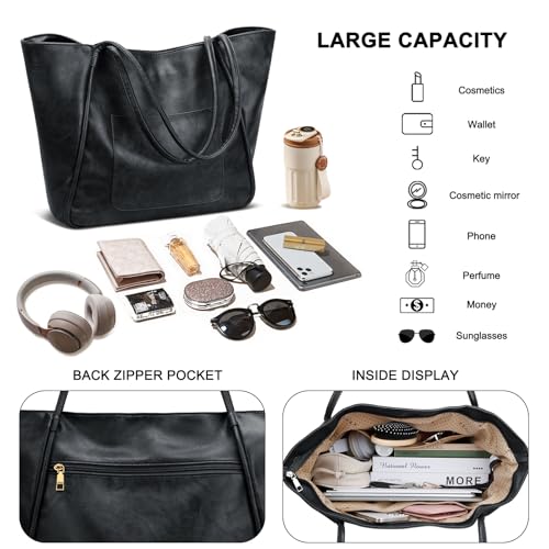 KKXIU Large Tote Bag for Women with Zipper Work Leather Travel Purse and Handbags - color: Black02
