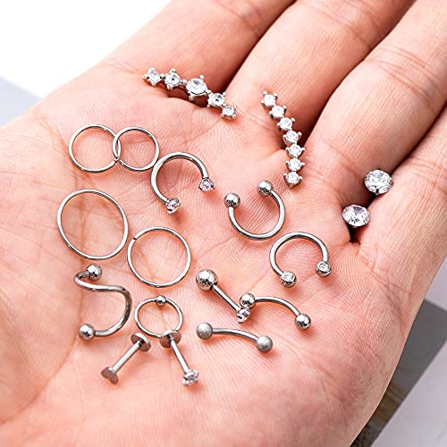 REVOLIA 32Pcs Stainless Steel Cartilage Stud Earrings for Women Conch Helix Tragus Daith Conch Hoop Earing Piercing Jewelry Set - color: Silver-tone