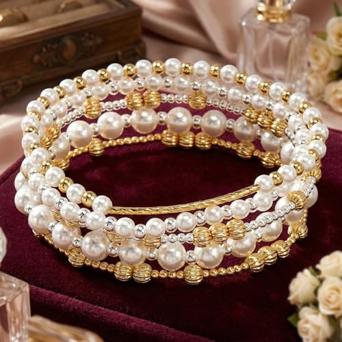 14K Gold Plated Beaded Bracelets Stack Set for Women,Stretch Boho Colorful Beads Ball Jewelry Friendship Summer Trendy - color: Gold silver pearl
