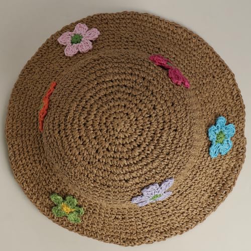 Women Straw Sun Hat Summer Beach Hats Foldable Floppy Cap Wide Brim Bucket Hat Solid Handmade Sun Protection Caps - color: Flora-khaki