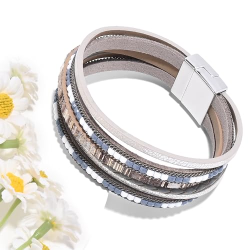 VIBILIA Boho Leather Wrap Bracelets for Women Multi-Layer Bracelets with Strong Clasp Jewelry for Women - color: 03-BohoBraid-Gray