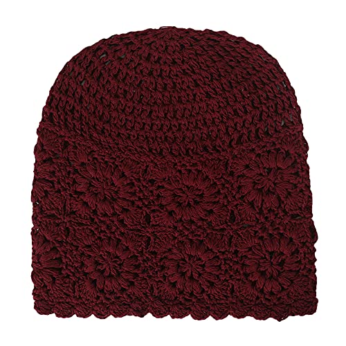 ZLYC Women Cotton Crochet Slouchy Beanie Hat Handmade Knit Summer Skull Cap - color: Burgundy Red