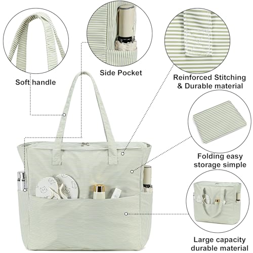 Bluboon Waterproof Beach Tote Pool Bags for Women Ladies Extra Large Carry On Bag With Wet Compartment for Weekender Travel - color: Grass Green White Grid Stripes