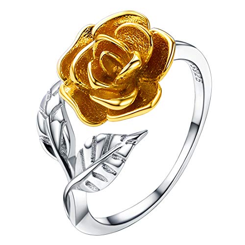 U7 Rose Flower Ring, Stackable Band Ring for Women Girls, Platinum Silver/Gold/Rose Gold Red Signet Rings Adjustable Fit Size 5 to 10 - color: Yellow Rose-925 Silver
