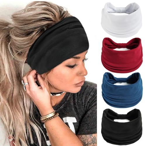 FULZTEY Wide Headbands for Women Neutral Knotted Headwraps Fashion Head Bands Elastic Non Slip Workout Yoga Sweat Hairbands Soft Cotton Turbans Large African Bandana Hair Accessories 4Pcs - color: Style 106