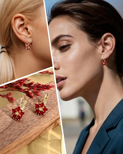 Vintage 14K Gold Plated Flower Birthstone Earrings - Hypoallergenic Leverback Floral Earrings, Trendy Jewelry Gifts for Women - color: Ruby