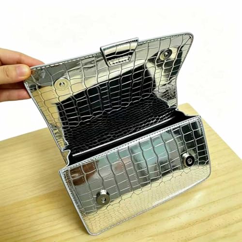 Small Crossbody Purse Bag for Women，Y2K Cute Metallic Croc-Embossed Handbag with Chain Strap - color: Medium Silver（fit Your Phone）