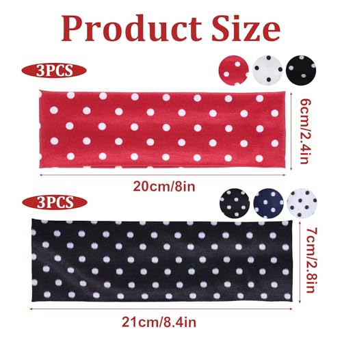 6PCS Polka Dot Fabric Headbands, Soft Stretchy Headbands, Wide Polka Dot Headband, for Running, Yoga, and Everyday Wear (Black, White, Red, Navy Blue)