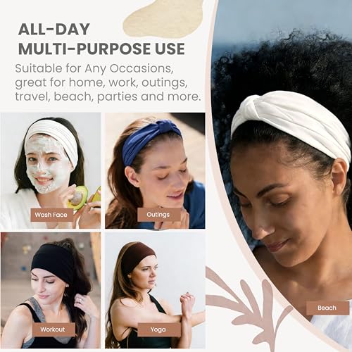 Wide Headbands for Women - 6 Pack Thick Stretchy Elastic Cloth Head Bands for Women's Hair, Non Slip Sweat Bands Soft Workout Headbands for Running, Makeup Headband for Washing Face, Spa & Skincare - color: 6 Color (White+Black+Khaki+Dark Brown+Dark Gray+