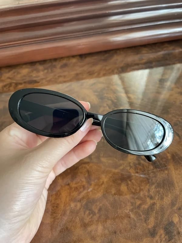 90s Sunglasses for Women Men Retro Small Oval Sunglasses - color: Black/Gray