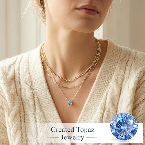 WomenGifts Layered Gold Necklaces for Women, 14K Gold Sterling Silver Plated Dainty Pendant Necklace Set Non Tarnish, Chunky Stackable Cuban Chain Choker, Trendy Birthstone Vacation Jewelry Gift - color: Gold, style: Cubic Zirconia-Created Topaz-Dec