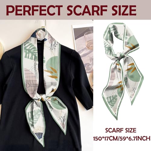 Hair Head Scarf Silk Feeling Long Satin Neck Satin Scarves for Handbag Cute Aesthetic Decoration Women Girls 59 * 6.7” - color: Y20-leaf
