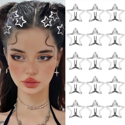 Star Hair Clips 2000s Y2K Snap Hair Barrettes Non Slip Star Hair Accessories Silver Metal Hair Clips for Girls Women -15 PCS 1.57" - color: 15 P - 1.57"-silver