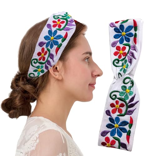 FANFAN Women's Mexican Embroidered Boho Headband - Twist Knotted Criss Cross Elastic Floral Hair Band Adjustable Head Wrap for Wedding, Party & Everyday Use E9 (White, Free Size) - color: White