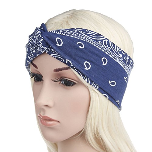 Assorted Paisley Print Wide Bandana Knot Headbands Criss Cross Head Wrap Hair Band (Blue) - color: Blue