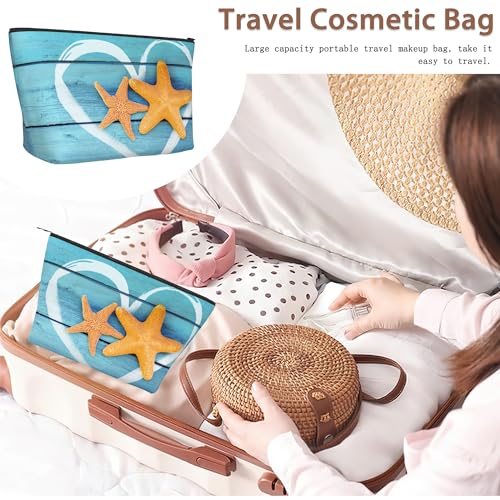 Beach Starfish Cosmetic Bag Coastal Blue Wooden Makeup Bags,Travel Make up Bags for Women Girls Cute Zipper Pouch Toiletry Organizer Bag Travel Essentials - color: Beach Starfish