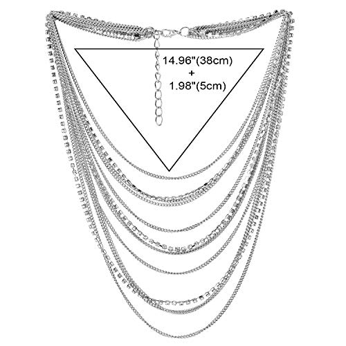 Waterfall Multi-Strand Chains Statement Collar Necklace with Rhinestones Chains, Dress - color: B-Metal Color: Silver