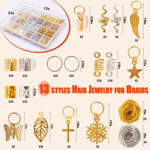 SVNMU 230 Pcs Hair Jewelry for Braids Dreadlock Locs Gold and Silver Metal Hair Clips Accessories for Women,Adjustable Hair Cuff Shells Butterfly Star Snowflake Charms Decoration - color: Gold & Sliver