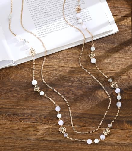 FULU AUTUMN Boho Gold Long Necklaces for Women Natural Stone Beaded Layered Long Necklace Mothers Day Gifts Dainty Flower Costume Jewelry for Women - color: Porcelain White