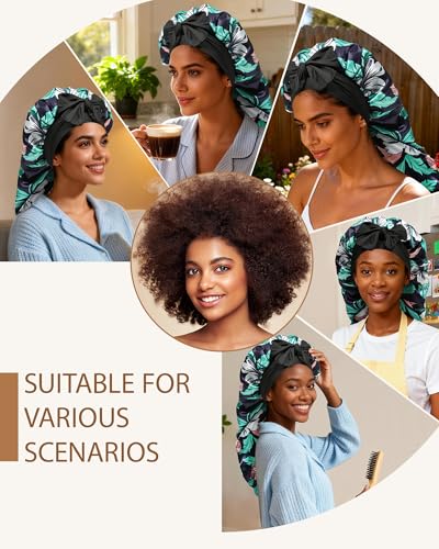 AWAYTR Long Satin Bonnet for Braids - Elastic Silk Hair Bonnets for Sleeping Night Cap Stretchy Tie Band for Women（Flower D） - color: Flower D