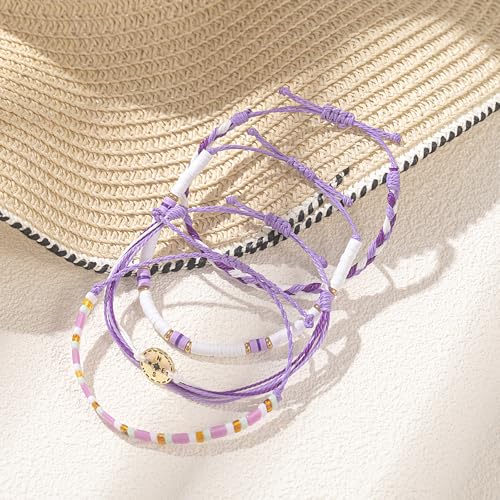 FANCY SHINY Boho Nautical Compass String Bracelets Beaded Clay Beads Bracelet Stackable Friendship Bracelets Summer Beach Outfits for Women Girls - color: Purple
