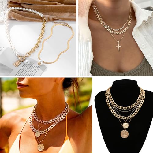 KISS WIFE Golden Jewelry Set for Women with Multi Layered Necklaces, Stackable Bracelets, Knuckle Rings, Hoop Earrings, Fashion Outfit Accessories Jewelry Packs Gifts for Women - style: Style 1