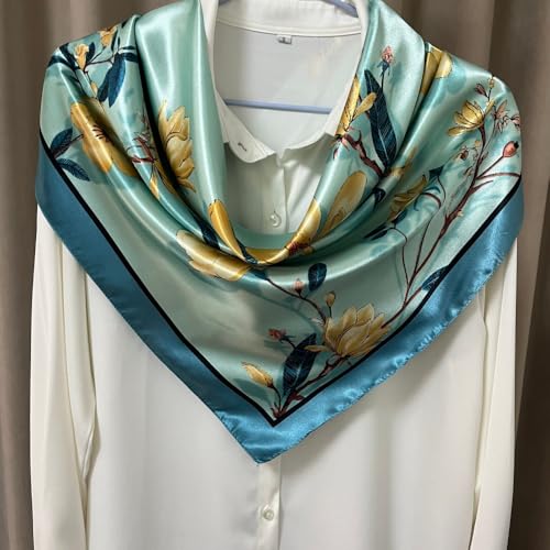 Julunar Silk Like Head Scarf for Women - Satin Large Hair Scarves - 35" Square Silk Hair Wrap for Sleeping with Gift Packed - color: A000-3 Flowers Green