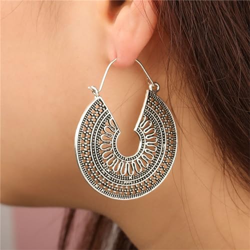Boho Antique Carved Flower Dangle Drop Earrings for Women Vintage Retro Handmade Hollowed Antiqued Bronze Floral Shaped Geometric Gold Silver Plated Hoop Earrings for Ethnic Style Jewelry Gifts - color: Silver round earrings