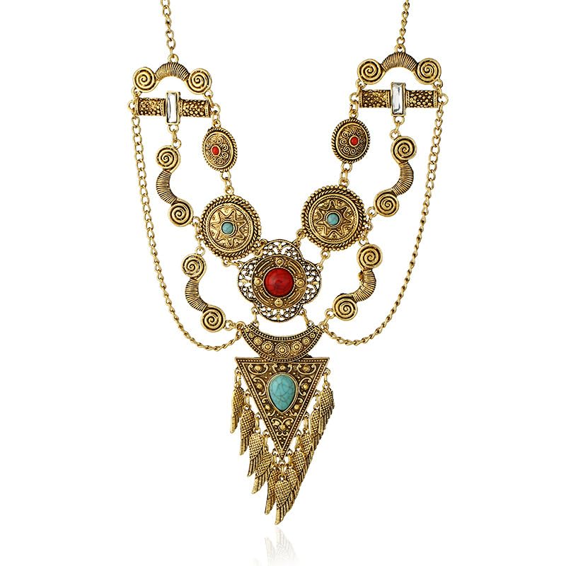 Bethynas Bohemian Ethnic Tribal Chunky Necklace Multilayer Long Tassel Turquoise Statement Neck Chain Retro Coin Gemstone Exaggerated Costume Accessories for Women - color: B-Gold