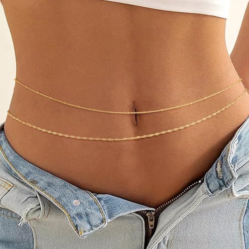 Gold Waist Chain for Women Dainty 14K Gold Plated Layered Belly Chain Adjustable Bikini Belly Beads for the Waist Waterproof Beach Accessories Body Chain Jewelry for Gifts - style: BY0004