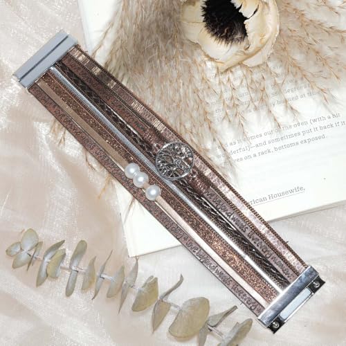 Leather Wrap Bracelet for Women, Boho Cuff Bracelet with Strong Clasp, Multi-Layer Crystal Leather Bracelet for Valentine Mother's Day - color: 02-Tree of Life-Brown