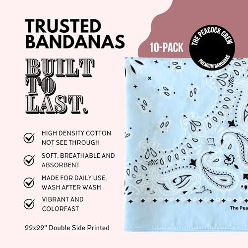 The Peacock Crew Premium Soft Cotton Bandanas Pack for Men and Women Paisley 22 x 22 inches - color: Pack of 10 Sky Blue