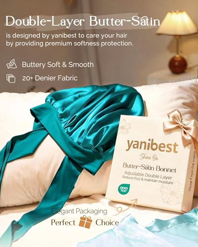 YANIBEST Adjustable Satin Bonnet for Sleeping Women Double Layer Hair Wrap Reduce Friction Prevent Frizz Natural Curly Hair - color: Blue Zircon