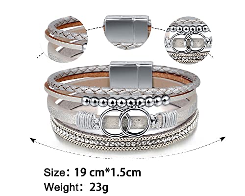 Fesciory Leopard Bracelet for Women, Boho Leather Wrap Multi-Layer Pearl Crystal Bracelet Bangle Jewelry - style: Double Circle(Silver)