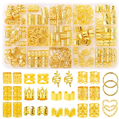 190 Pcs Gold Hair Jewelry for Braids & Dreadlocks - Loc Jewelry with Ring Cuffs, Clips, Charms & Decorations for Men, Women & Girls - color: Gold