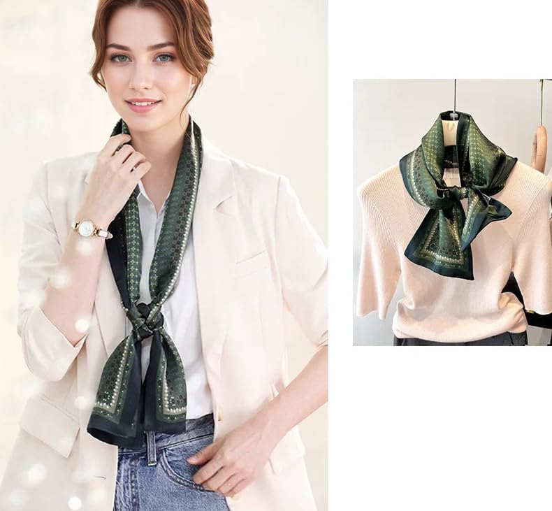 ANDANTINO 100% Silk Scarf for Women 59”*6.3” Long Shawls for Headscarf and Neck- Oblong Hair Wraps with Gift Packed - color: Dark Green