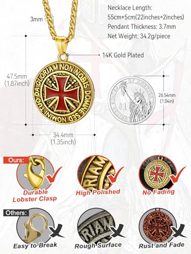 FaithHeart Knights Templar Necklace for Men, Christian Necklace for Men Stainless Steel Pendant Neckalces Christian Gifts with Gift Box - color: 04. Medal-Gold(Custom)