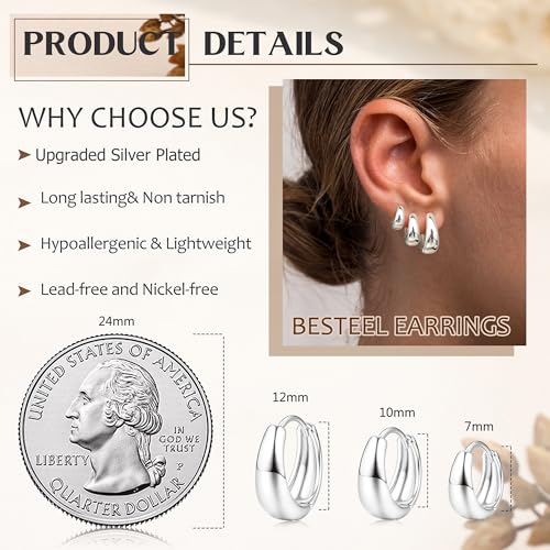 BESTEEL 3Pairs 14K Gold Plated Hoop Earrings Set for Women Chunky Earring Silver Plated Hypoallergenic Small Huggie Hoops Lightweight Tiny Thick Trendy Hoop Earrings Stacks for Multiple Piercing - color: silver plated