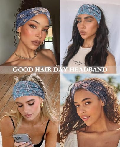Artilady Wide Bandana Headbands for Women-Boho Bandeau Head Band Bohemian Paisley Red Headwrap Soft Athletic Elastic Sweat Non Slip Hair Bands for Curly Hair Accessories 6 PCS - color: Flower
